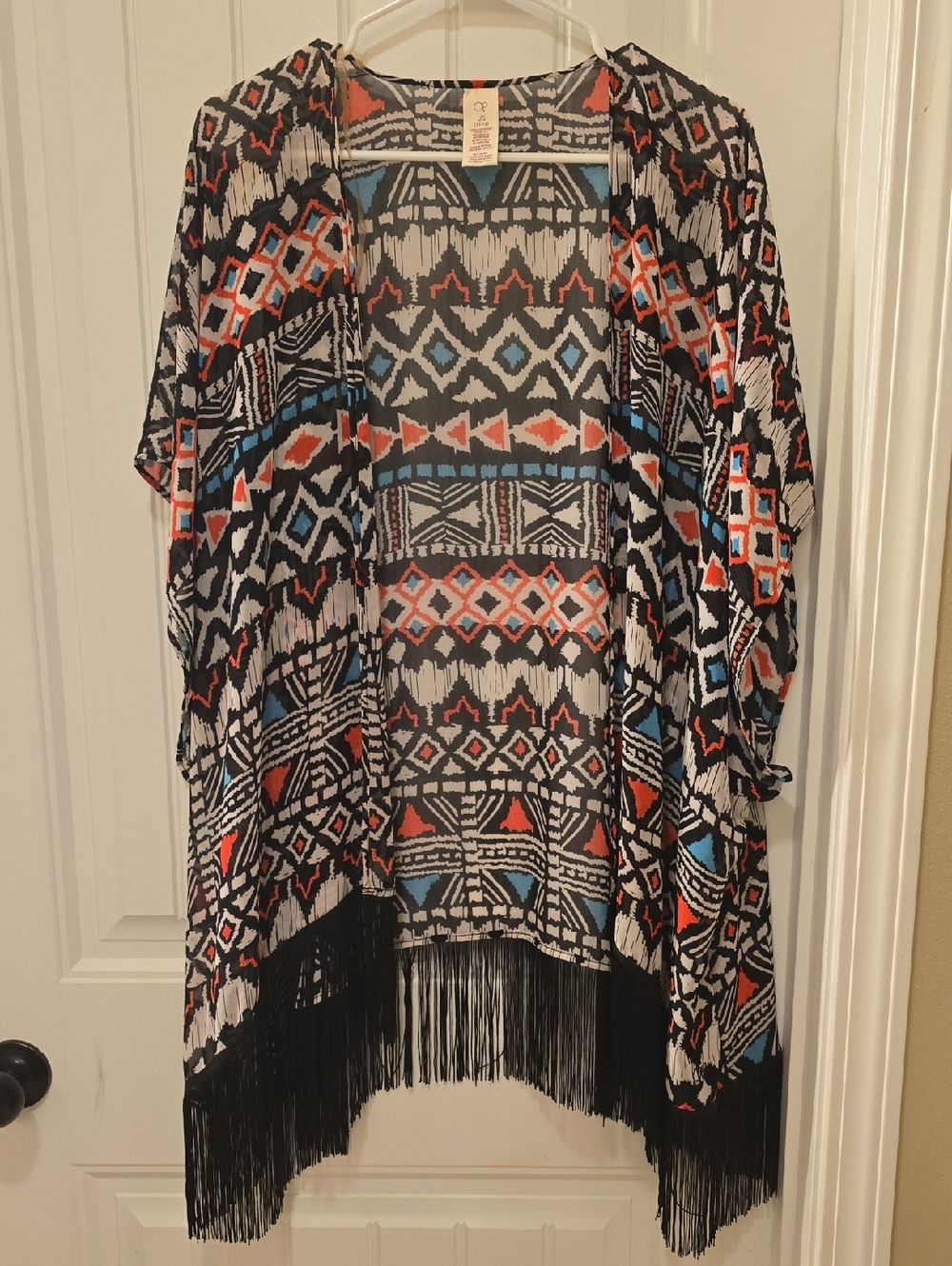 OP Black, White, Red & Blue Aztec Fringe Kimono